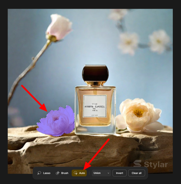 Selecting the Auto tool and clicking on a flower in a photo generated with Stylar AI.