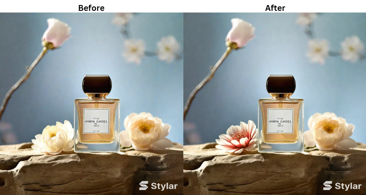 Before and after photos of changing the color of a flower from an image of a perfume bottle generated with Stylar AI.