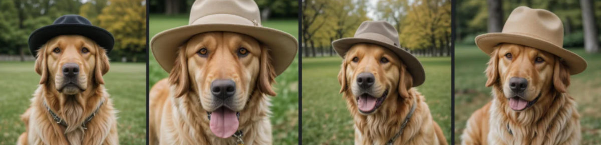 Four images of a golden retriever wearing a hat using GetIMG.