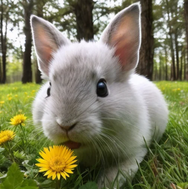 A grey rabbit on a grassy field in front of a dandelion created with ArtSmart.