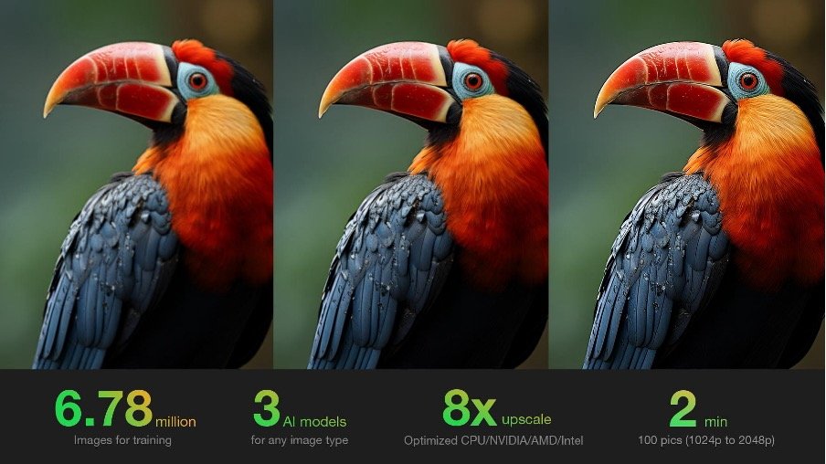 Three toucan images show increasing sharpness from left to right, accompanied by text highlighting 6.78 million images for training, 3 AI models, 8x upscale, and 2 minutes processing time.