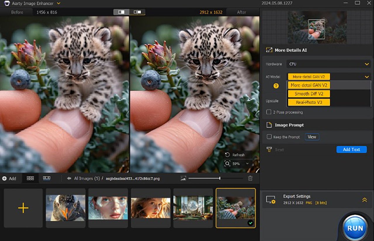 Photo editing software interface showing a before-and-after comparison of a tiny leopard cub on a person's finger. Settings and image thumbnails are visible below.