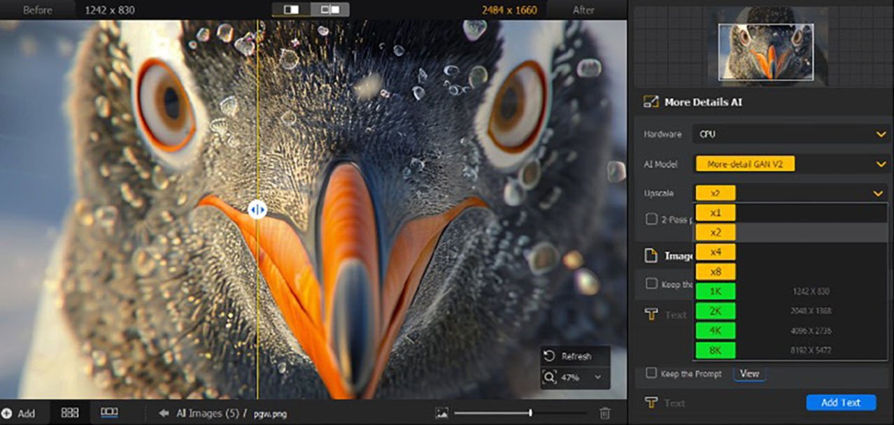 Close-up of a penguin's face with a software interface showing image resolution and AI detail enhancement options.