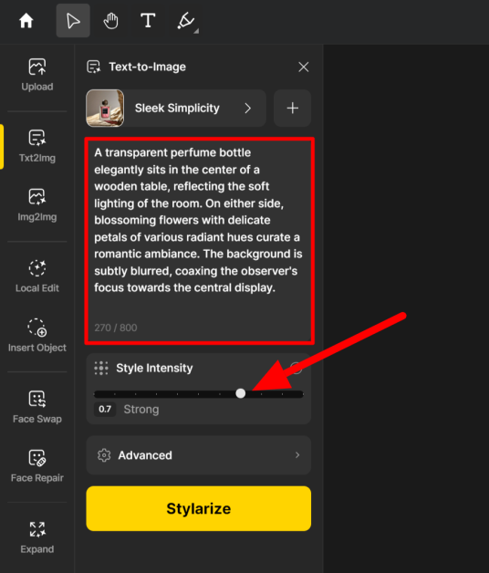 Highlighting the description and Style Intensity toggle when generating images with Stylar AI.