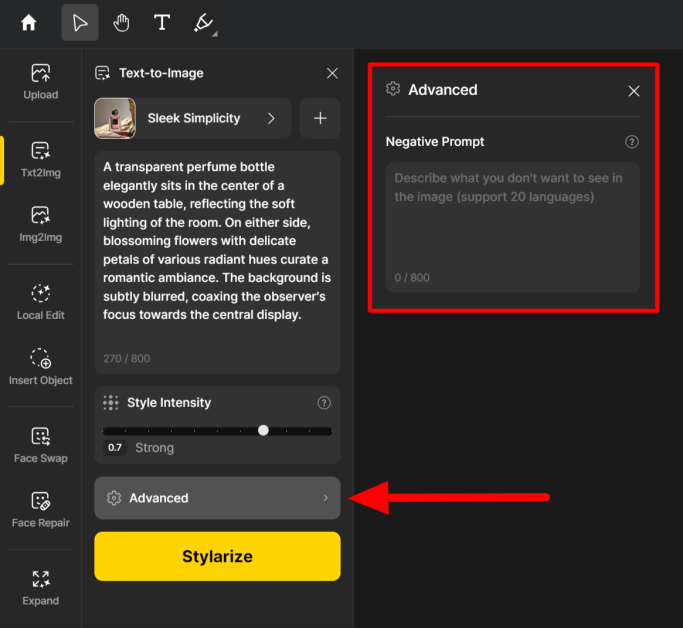 Selecting Advanced to open a window for Negative Prompts using Stylar AI.