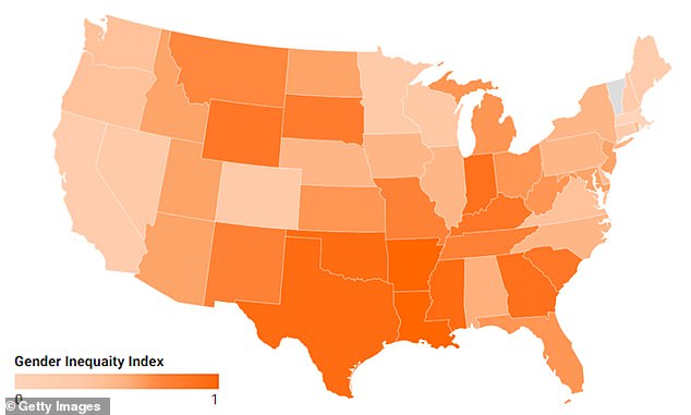 After the worst offenders - Arkansas , Louisiana and Oklahoma - Texas, Mississippi, Georgia, Indiana, South Carolina and Wyoming were found to have the least equal treatment between men and women among US states (above, a static version of the interactive map)