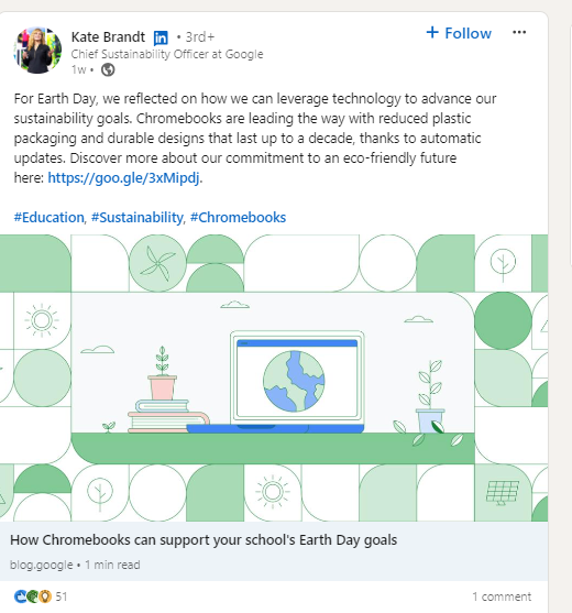 Kate Brandt’s LinkedIn content about sustainability goals and Earth Day