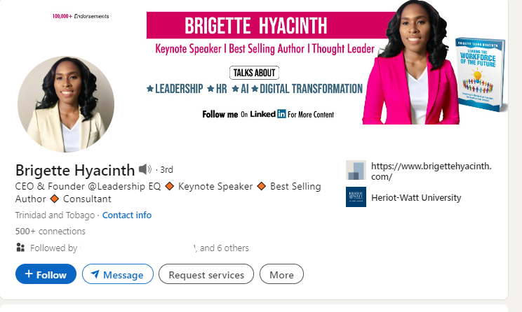 Brigette Hyacinth is a LinkedIn influencer who has also authored a book about the workforce of the future, and posts about leadership, HR and digital transformation.