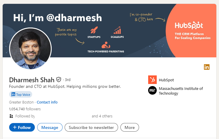 Dharmesh Shah’s LinkedIn profile, with over 1 million followers and a LinkedIn top voice badge.