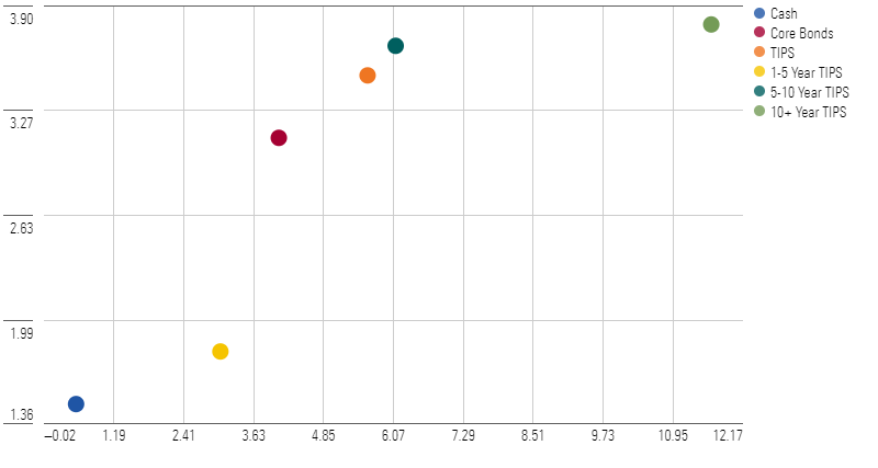 A scatterplot showing returns and risk for TIPS and other assets over the past 20 years.