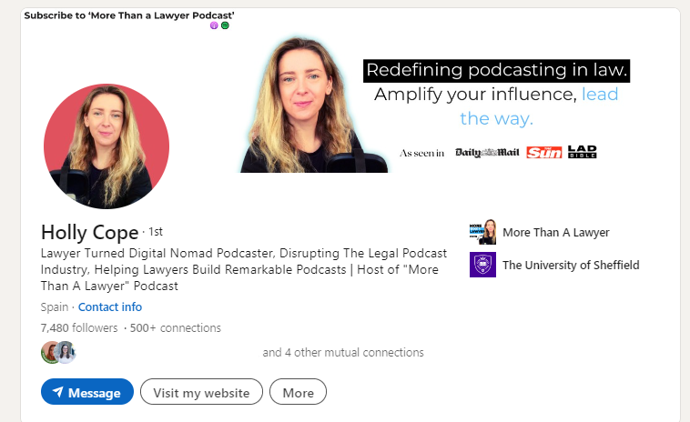 Holly Cope’s LinkedIn profile, promoting her podcasting services and digital nomad lifestyle