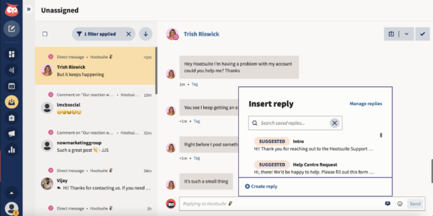 templated replies shown in hootsuite inbox