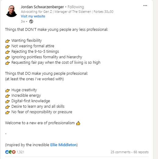 Jordan Schwarzenberger’s LinkedIn post about a new era of professionalism for young people