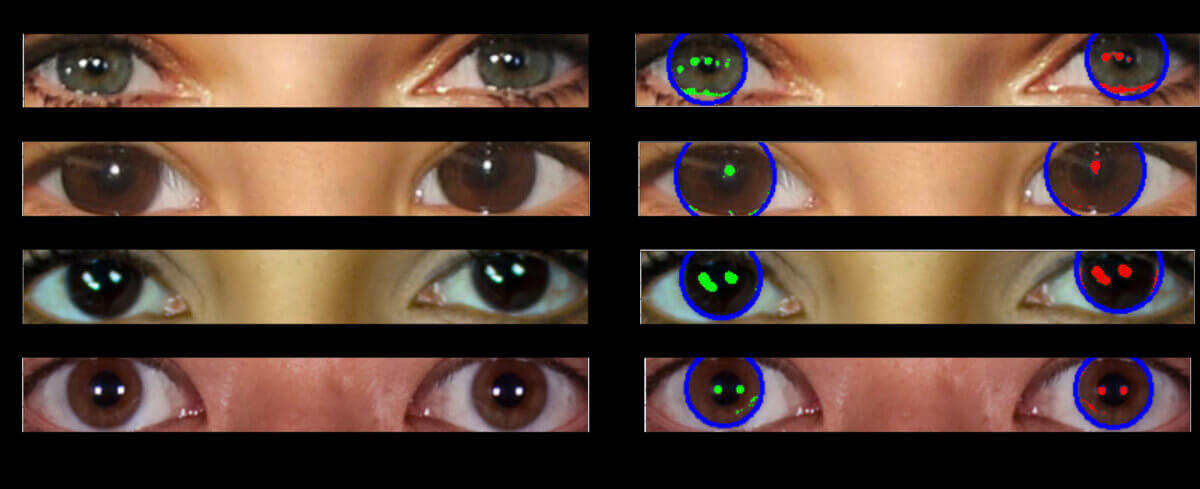 A series of real eyes showing largely consistent reflections in both eyes. 