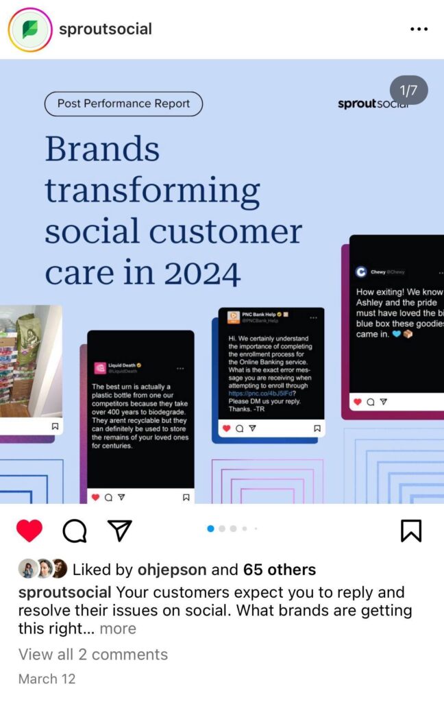 An Instagram post from Sprout Social highlighting brands that are innovating in social customer care. 