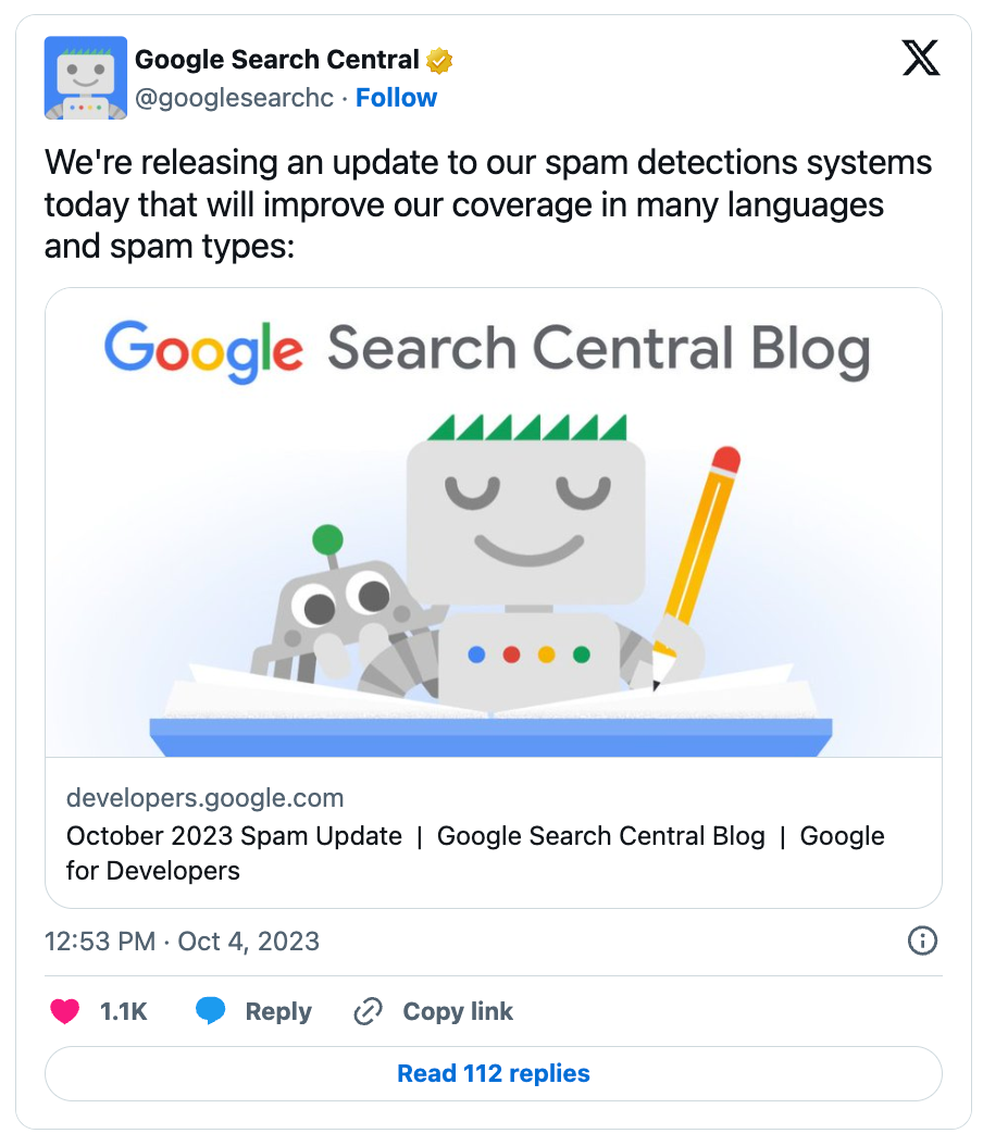 Google Tweet about October 2023 Spam Update