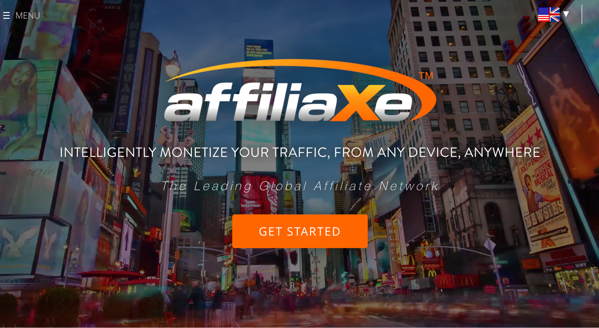 Affilaxe screen grab with orange logo design over a city background image.