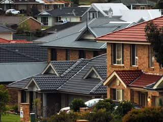 Suburban houses with tiled roofs in a new-looking housing development