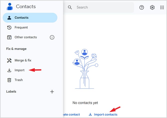 Screenshot of Google Contacts Settings. Import is pointed out in the left nav bar and at the bottom of the screen. 