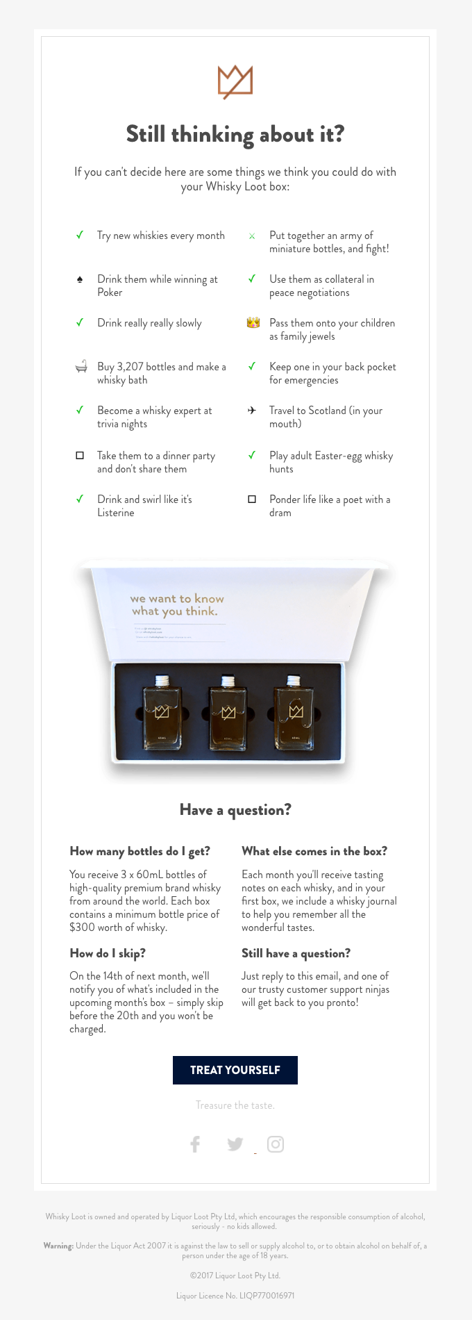 Whisky Loot abandoned cart email with a list of things that can be done with the product