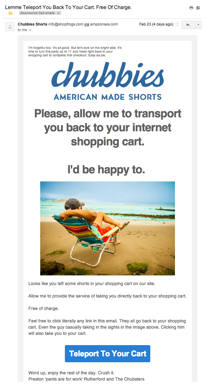 Chubbies abandon email with person sitting on beach, and copy encouraging the customer to join them by buying the product