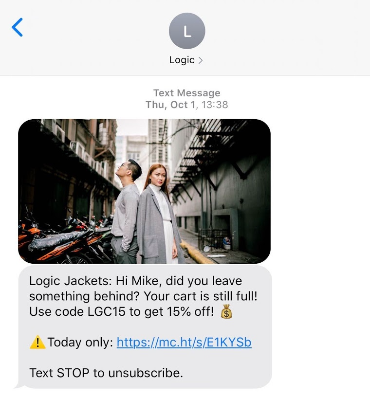 abandoned cart sms example with a photo of the item and friendly copy offering a 15% discount