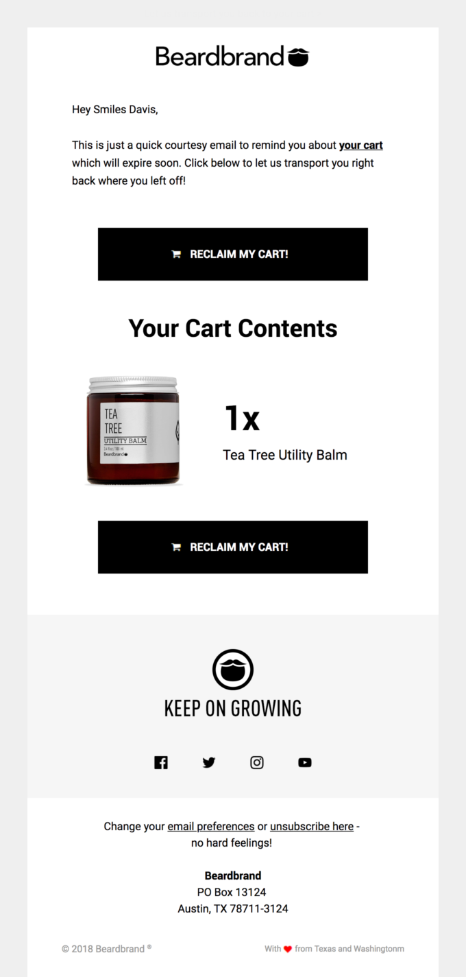 beardbrand abandoned cart email example with a call for urgency to Reclaim My Cart