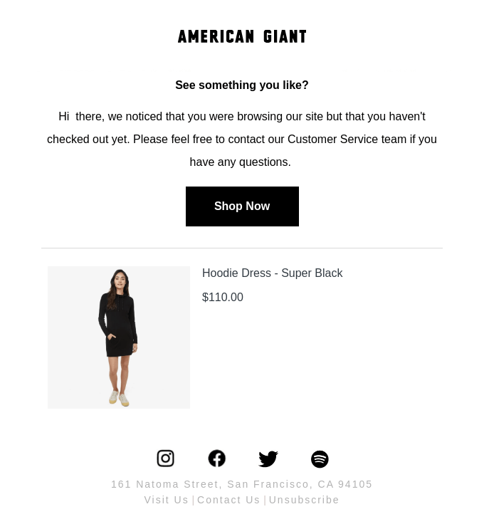 American Giant abandoned cart email showing the black dress left behind