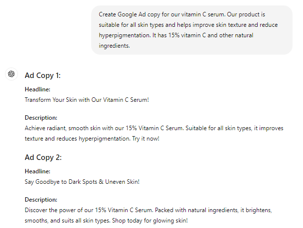 ChatGPT response for Google Ad copy generation