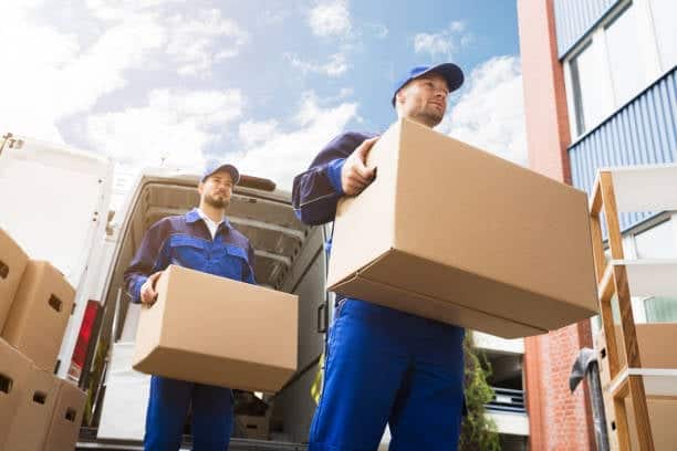 Two movers in blue uniforms carry cardboard boxes from a white van outside a building on a sunny day.