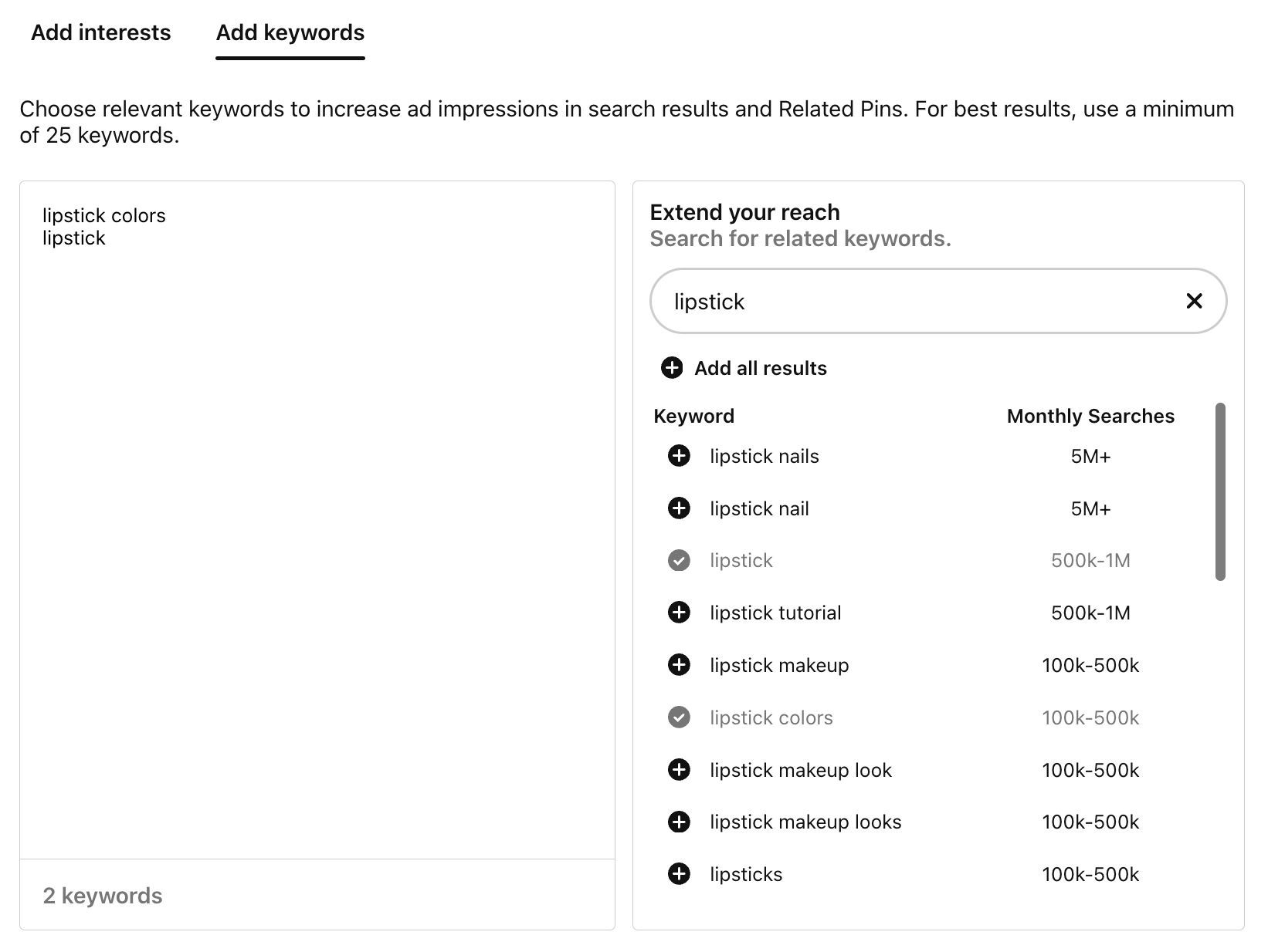 Pinterest ads keyword search