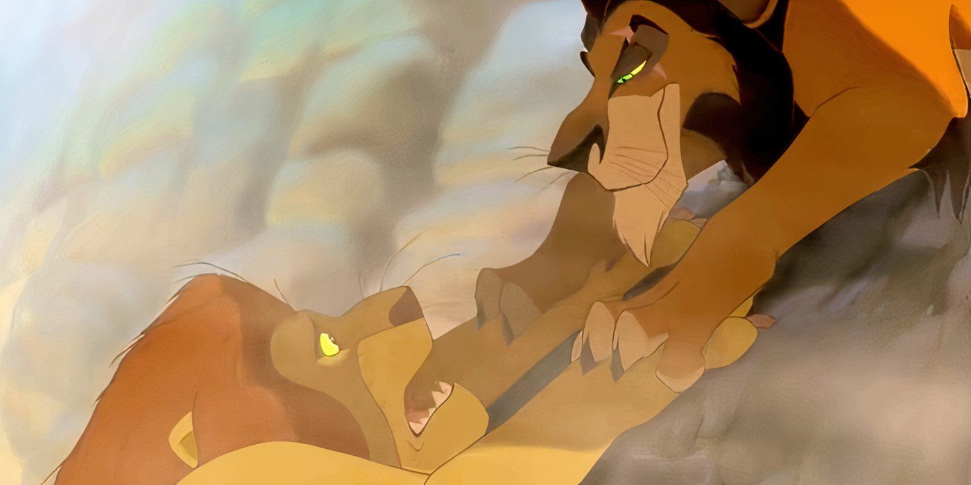 Scar (voiced by Jeremy Irons) pushes Mufasa (James Earl Jones) to his death in The Lion King