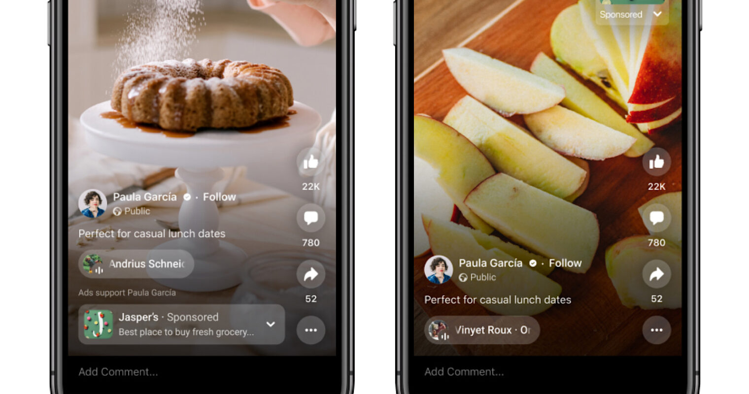 Two panels show a mobile view of a Facebook campaign featuring photos of food