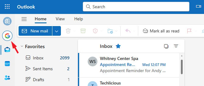 Outlook.com Gmail tab showing the email inbox. The Gmail icon is pointed out.