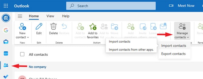 Outlook.com Mail screenshot with the People icon pointed out and the Manage contacts menu dropdown showing Import contacts (pointed out) and Export contacts.