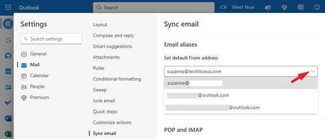 Outlook.com screenshot of Mail Settings showing the Sync email options of Set default From address (the carat circled), Email alianses and POP and IMAP settings.