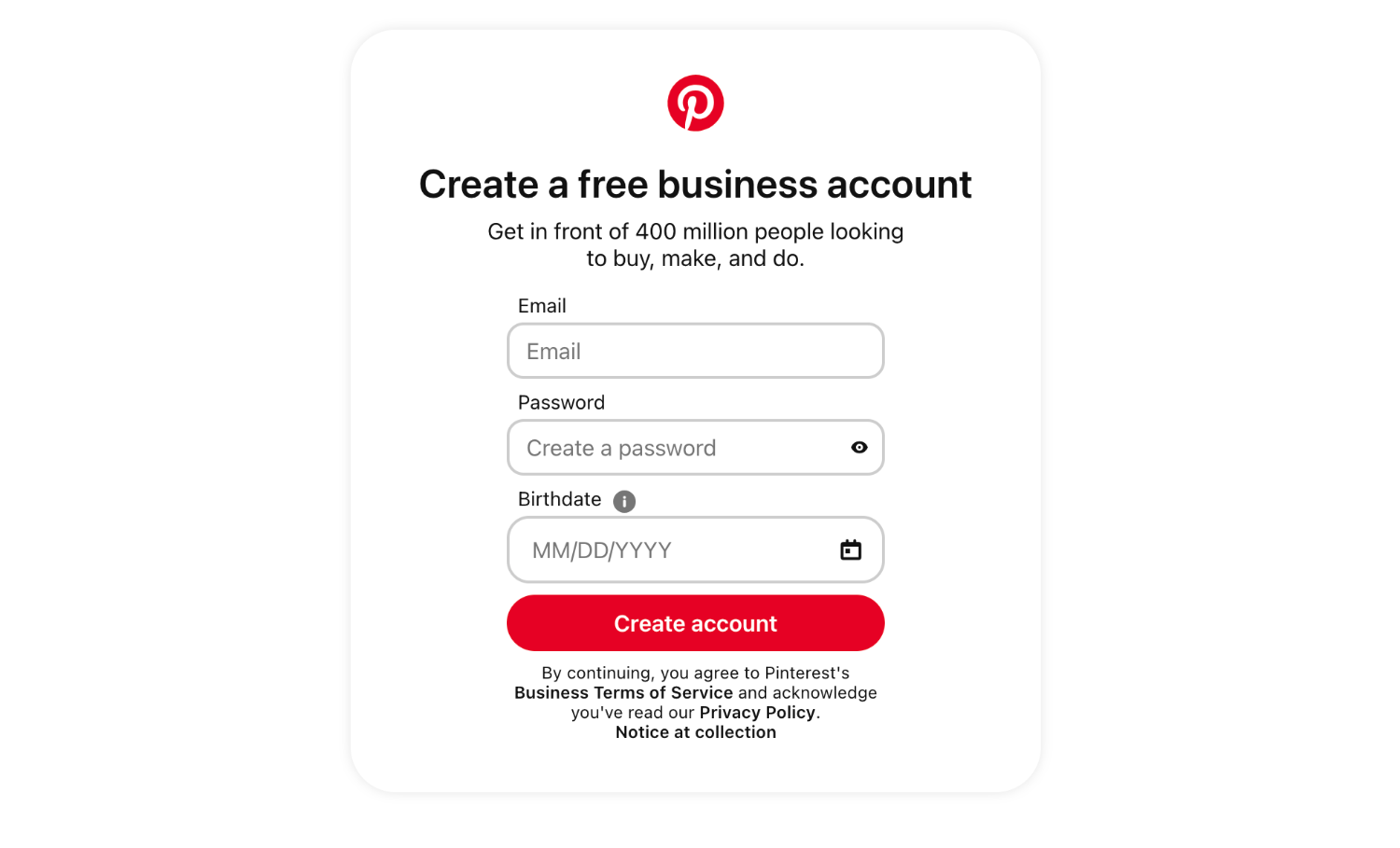 Pinterest sign up page