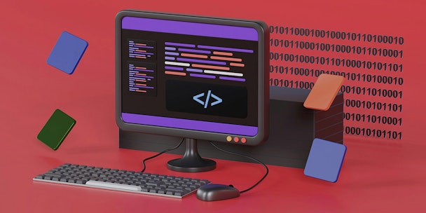 A computer with a link symbol on it and data code (10110100, etc.) in the background