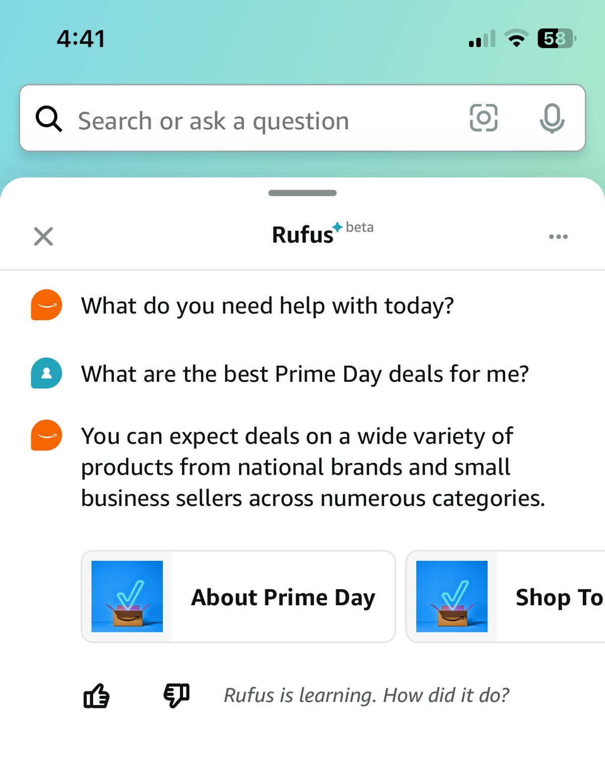 Amazon's AI shopping assistant answers a question about Prime Day.