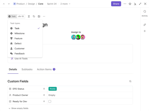 ClickUp task details and custom fields