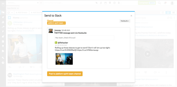 Send to Slack feature Twitter message sent via Hootsuite