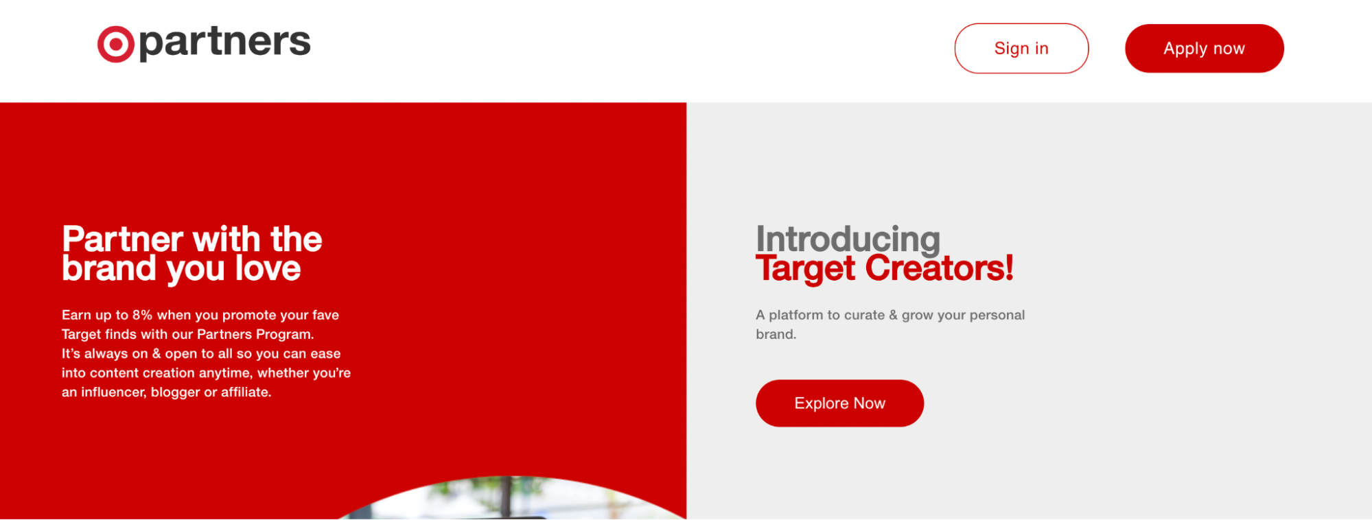 Screenshot of Target’s affiliate program with a white headline “Partner with the brands you love” on a red background.