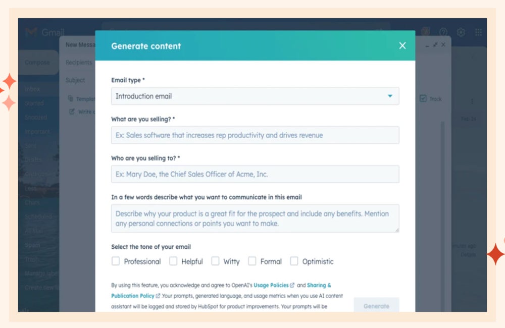 HubSpot AI email writer feature.