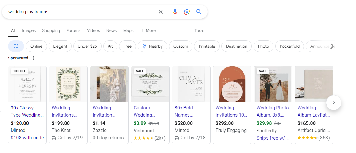 A search query for 'wedding invitations' on Google Search with Shopping ads results.