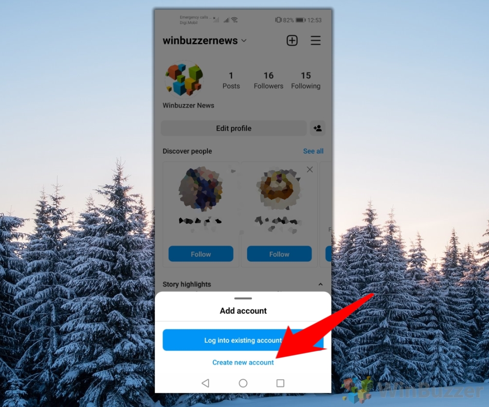 Android - Instagram - Icon Profile - Arrow - Add Account - New Account