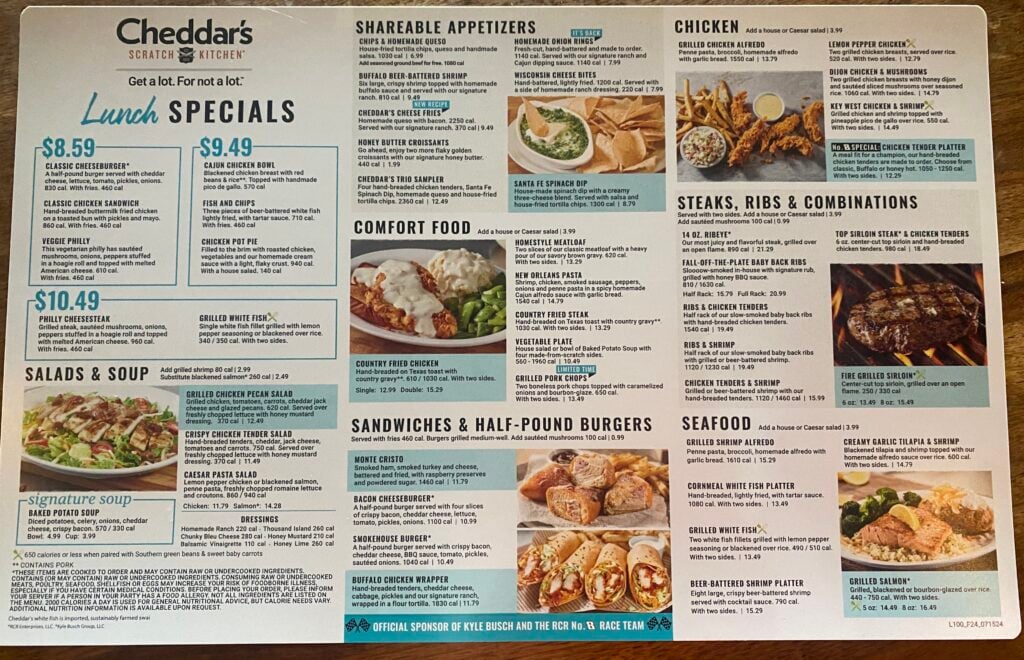 A menu from Cheddar's Scratch Kitchen