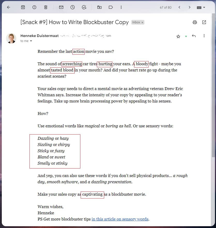 An example of how sensory words can be used in email copy