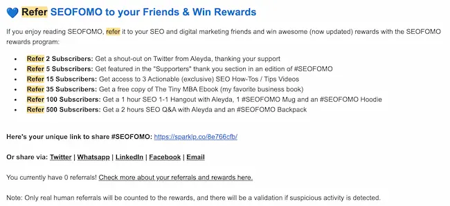 Details of Aleyda Solis' newsletter referral program