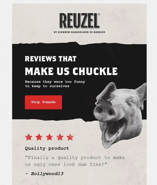 An email marketing message using customer reviews.