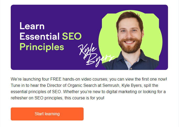 email from Semrush offering free video course